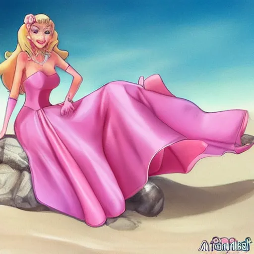 Image similar to beautiful princess peach in a skintight pink satin prom dress on the beach drawn by artgerm