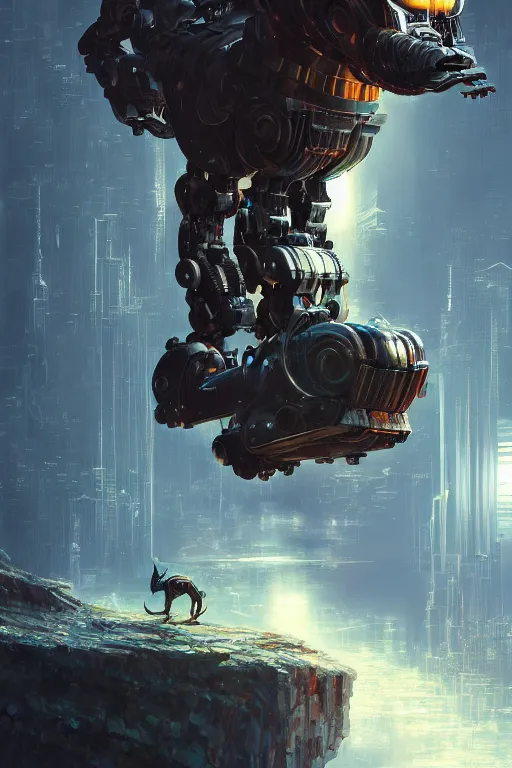 Image similar to sentient being animal - robot, inspired by mario feng, intricate, elegant, volumetric lighting, scenery, digital painting, highly detailed, artstation, sharp focus, illustration, concept art, luis rollo, john berkey, 8 k, ultra hd