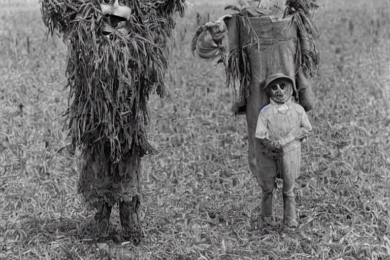 Image similar to horrifying scarecrow from the early 1 9 0 0's in the cornfields