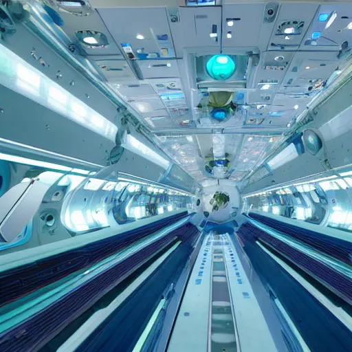 Prompt: space - station interior, large open room, gentle blue and green lighting, futuristic, angular design