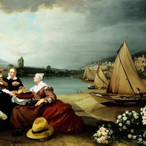 Prompt: cinnabun by jacob van ruisdael, by warren ellis, by charles spencelayh ultradetailed. the computer art of a group of well - dressed women & children enjoying a leisurely boat ride on a calm day. the women are chatting & laughing while the children play with a toy boat in the foreground.