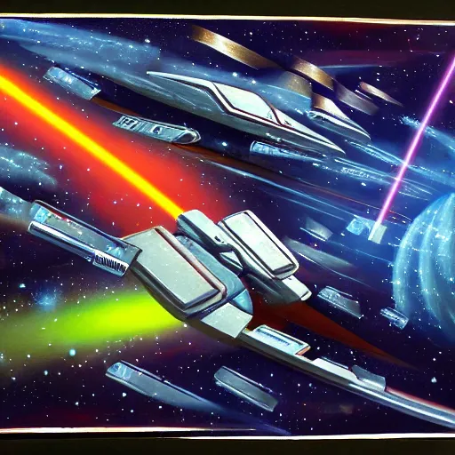 Image similar to science - fiction space battleship in combat, laser beams, explosions, space, planets, mate painting
