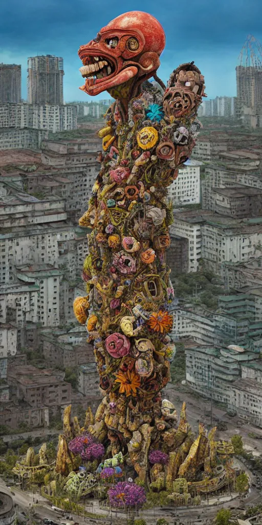 Prompt: colossal grotesque prehistoric psyhedelic alien predator flower made from best unfulfilled mankind projects in the middle of abandoned post soviet constructivist cityscape, Stalinist architecture, ultradetailed, Intricate by Hayao Miyazaki and Josan Gonzalez and Makoto Shinkai and Giuseppe Arcimboldo and Wes Anderson