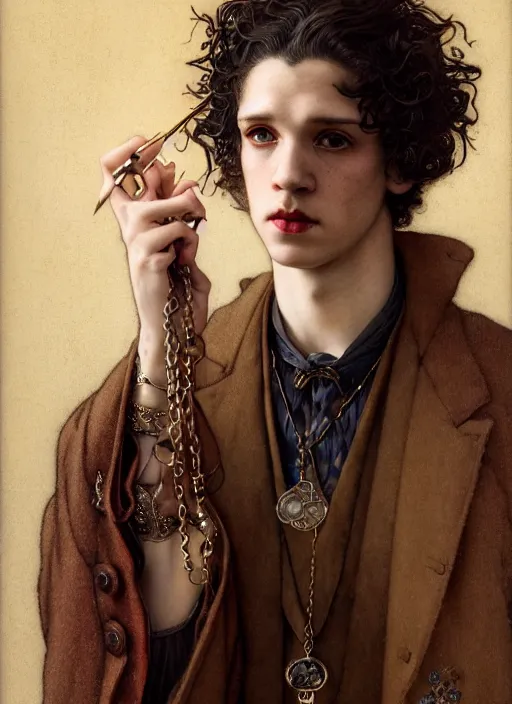 Prompt: edmund dulac, leyendecker, highly detailed portrait, a beautiful androgynous kit harrington, long hair, tall and thin, wearing several pendants, art nouveau, stephen bliss, unreal engine, by greg rutkowski, loish, ferdinand knab, ilya kuvshinov, rossdraws, tom bagshaw, alphonse mucha, global illumination, radiant light