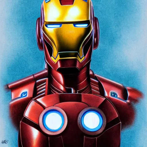 Image similar to steampunk, H.R. Giger design of Iron Man, head and body, drawing on pencil, ornate, details, smooth, sharp focus, illustration, realistic, cinematic, artstation, award winning, rgb, ethereal blue lighting, 8K, H 1088