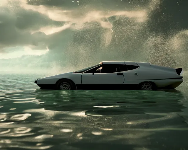 Image similar to white lotus esprit submerged under water, cinematic, photoreal, by red dead redemption 2