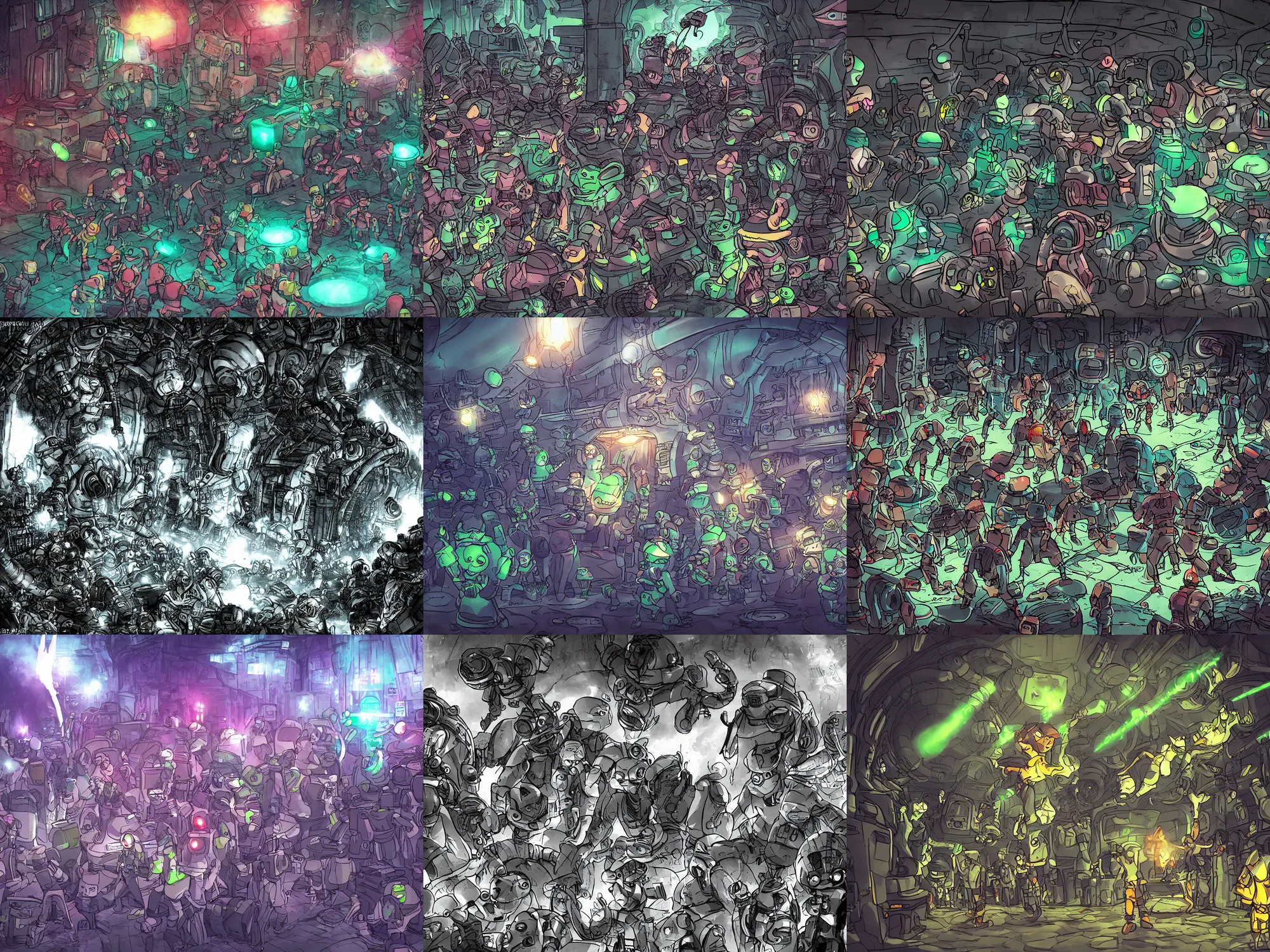 Prompt: aliens in a sewer system having a rave, cinematic lighting, trending on artstation, anime comic book style