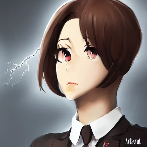 Image similar to female lawyer, business suit, brown neat hair, anime, pixiv, fanbox, trending on artstation, digital painting, defense attorney, clean, lightning