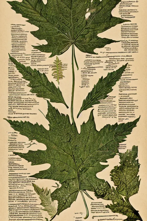 Prompt: scan of the cursed leaves of an old cursed herbarium, by john howe, infographic, textbook, marginalia, cursed, alien