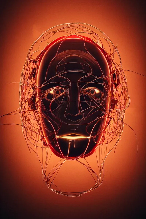 Image similar to organic cyborg head wrapped in barb wire by Jamie Coreth, artstation, centered, symmetrical, cinematic lighting, gold and red, bilateral symmetry, 80s poster, polished, thick smoke, retro dark vintage sci-fi, 2D matte illustration