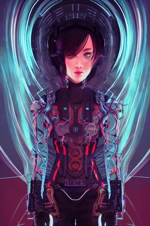 Image similar to portrait futuristic Cyber Ninja Girl, in future cyberpunk tokyo rooftop , ssci-fi, fantasy, intricate, very very beautiful, elegant, neon light, highly detailed, digital painting, artstation, concept art, smooth, sharp focus, illustration, art by alphonse mucha and tian zi and WLOP