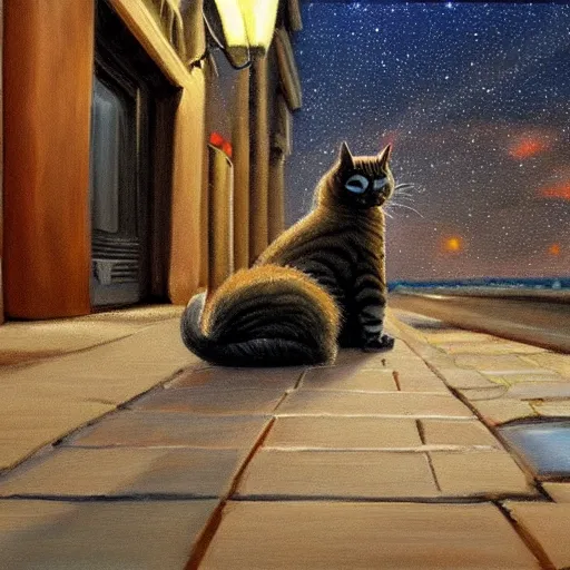 Prompt: a realistic painting of a cat sleeping on a sidewalk at night highly detailed trending on art station