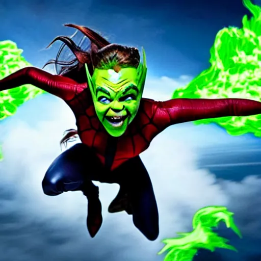 Prompt: anya taylor joy as the green goblin from spiderman flying out of a gas cloud, hyper realistic 4 k high detail uhd