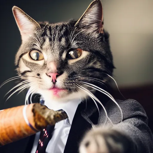 Prompt: a high detail closeup shot of a cat wearing a suit and smoking a cigar