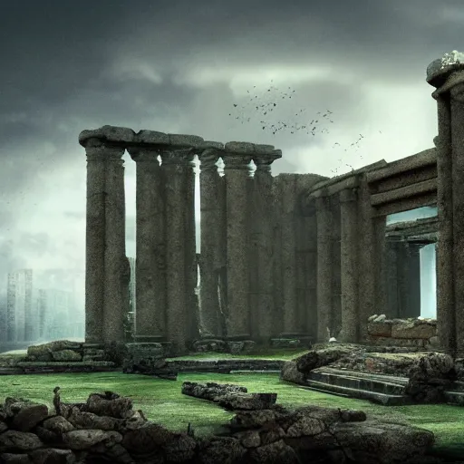 Prompt: A concept matte Painting of ancient aliens ruins, detailed, photorealistic, cinematic lighting, moody atmosphere,