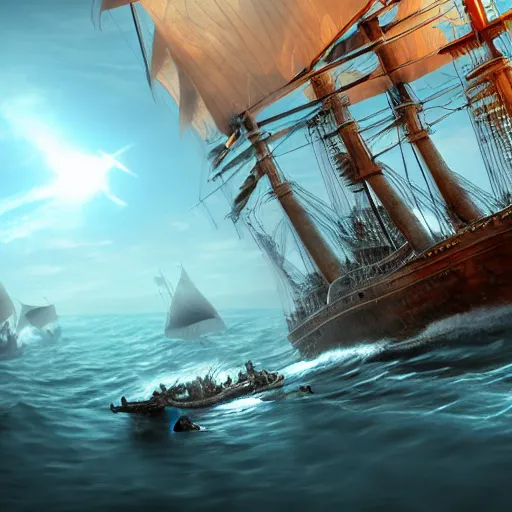 Image similar to ancient ship battle, highly detailed, photorealistic portrait, bright studio setting, studio lighting, crisp quality and light reflections, unreal engine 5 quality render