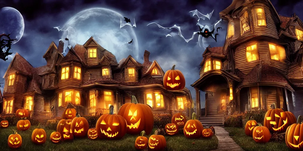 Image similar to halloween, trick or treat, monster house, poster, 3 d, studio lighting, digital art