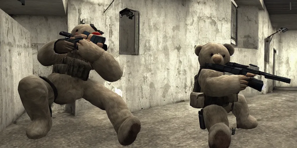 Image similar to a screenshot of a teddy bear inside a counter strike game, the teddy bear is holding a gun, the teddy bear is aiming at another teddy bear