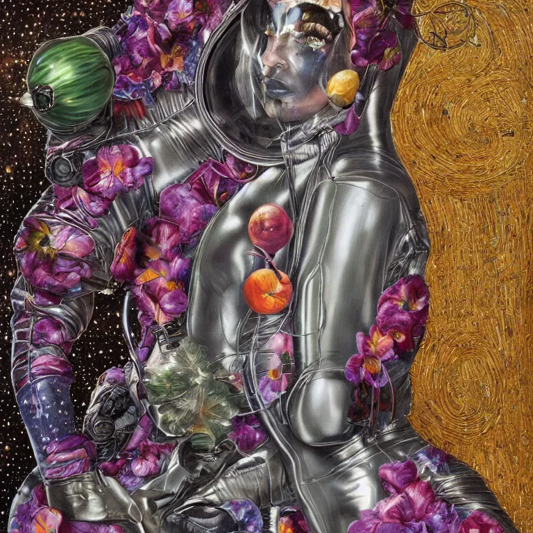 Prompt: portrait painting by wayne barlow and carlo crivelli and glenn fabry, a woman in a skintight silver shining spacesuit with colorful iridescent detailing, covered in bright colorful alien flora and fauna