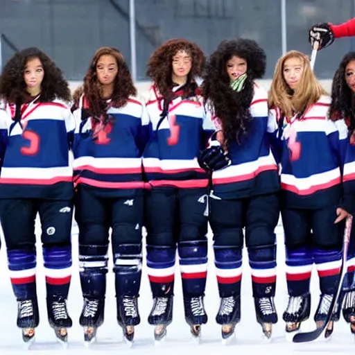 Prompt: a squad of Beyoncé clones playing hockey, photorealistic