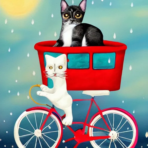 Image similar to painting of a dog riding a bicycle on top of a train, raining, on the surface of the moon, cat in bicycle basket, trending on artstation