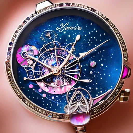 Prompt: extremely complicated astronomical watch, blue butterfly wig and pink mother of pearl, intricate and detailed texture