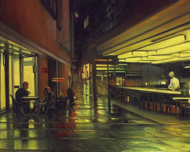 Image similar to the last open cyberpunk cafe in the futuristic dark city during a rainy night by hopper, edward