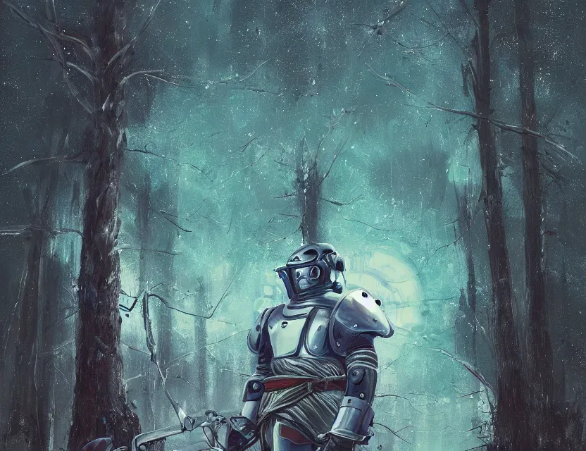 Prompt: a detailed portrait painting of a bounty hunter wearing a reflective visor, standing in a forest holding a weapon, spacecraft flies in the distance. cinematic sci-fi poster. Flight suit, cloth and metal, accurate anatomy. Samurai influence, knight influence. fencing armour. portrait symmetrical and science fiction theme with lightning, aurora lighting. clouds and stars. Futurism by moebius beksinski carl spitzweg moebius and tuomas korpi. baroque elements. baroque element. intricate artwork by caravaggio. Oil painting. Trending on artstation. 8k