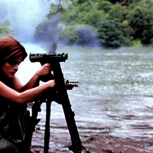 Image similar to film still, extreme far view, emma watson vietnam door gunner, film still from apocalypse now ( 1 9 7 9 ), 2 6 mm, kodak ektachrome, blue tint expired film,