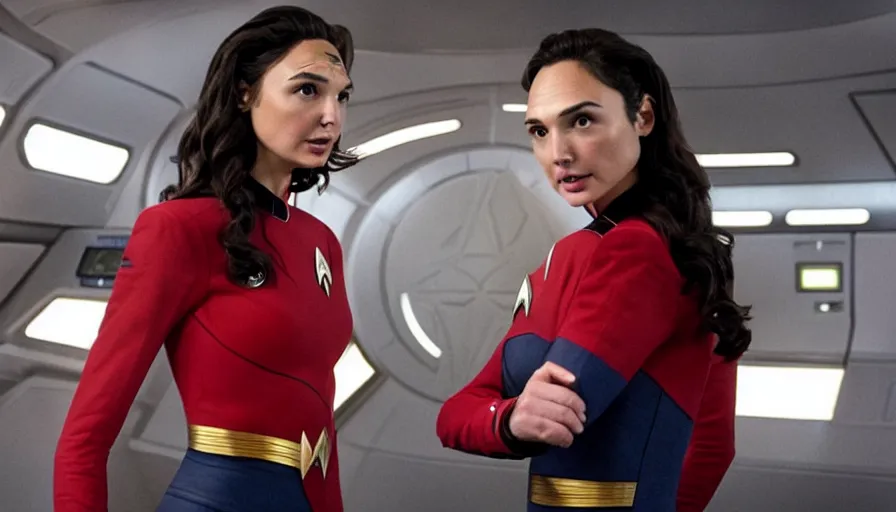 Image similar to Gal Gadot, wearing a red uniform, is the captain of the starship Enterprise in the new Star Trek movie