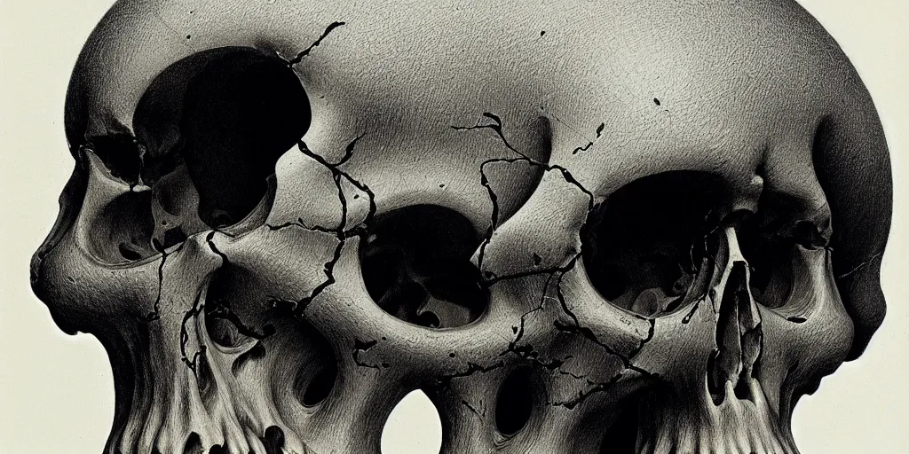 Prompt: close-up of a soldier's skull, Zdzislaw Beksinski, Wayne Barlowe, Joe Fenton, Escher M.C., gothic, cosmic horror, biomorphic, lovecraftian, amazing details, cold hue's