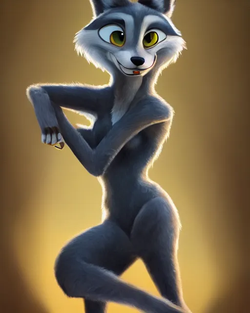 Image similar to oil painting of anthromorphic female wolf, in style of zootopia, female fursona, furry, furaffinity, 4 k, deviantart, furry art, fursona art, wearing black business suit, business suit, wolf fursona, female, smug expression,