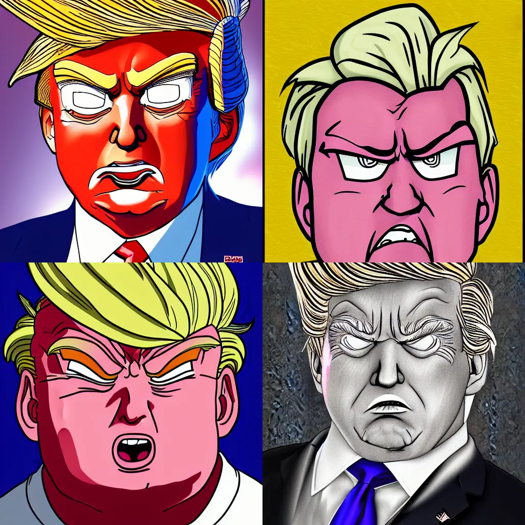 Prompt: portrait of Donald trump who looks like Majin buu from dragon ball z, digital art