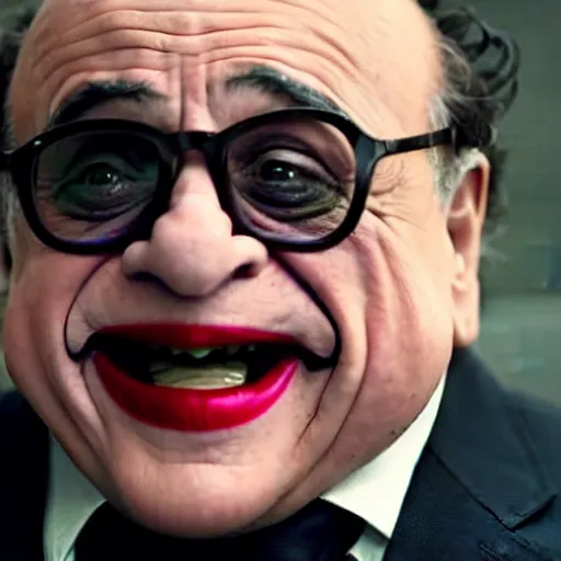 Prompt: Danny Devito as the joker movie still, hyper realistic