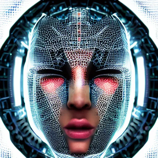 Prompt: an insanely detailed cibernetic artwork of a futuristic artificial intelligence superstar, centered image, perfectly symmetrical face, with frames made of detailed fractals, octsne render, 4k, insanely detailed, detailed grid as background, cgi
