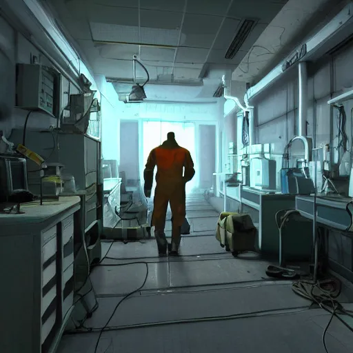 Prompt: atomic scientist making a discovery in the style of half life 2, 4 k