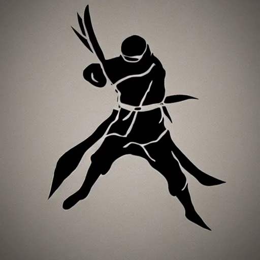 Prompt: tattoo design, stencil, a ninja jumping in the air slashing a sword