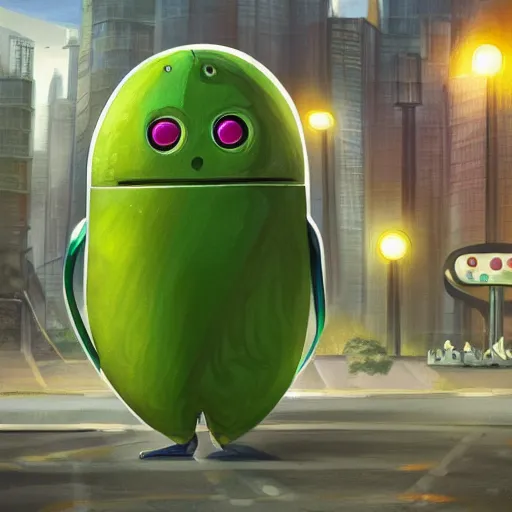 Prompt: an avocado robot in a future city, highly detailed, fantasy art