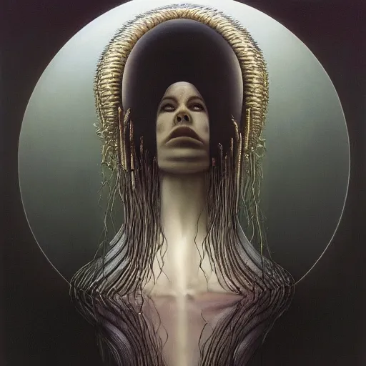 Prompt: a woman sees herself in the after life from the reflection of a mirror she is looking at by jacek yerka, alex gray, zdzisław beksiński, dariusz zawadzki, jeffrey smith and h.r. giger, oil on canvas, 8k highly professionally detailed, trending on artstation