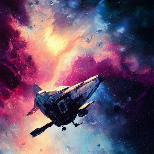 Prompt: spaceship adrift in a nebula, artwork by darek zabrocki, dramatic lighting, brushstrokes, paper texture.