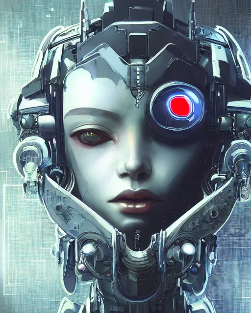 Image similar to the face of a cybernetic geisha mecha, scifi, ghost in the shell, intricate sci fi panels made of metal, elegant, highly detailed panel cuts, greeble detail, caustics and refraction, neon glowing eyes, digital painting, artstation, concept art, high tech fantasy, sharp focus, illustration, art by marco plouffe arstation and Riot Studios and Blizzard Studios