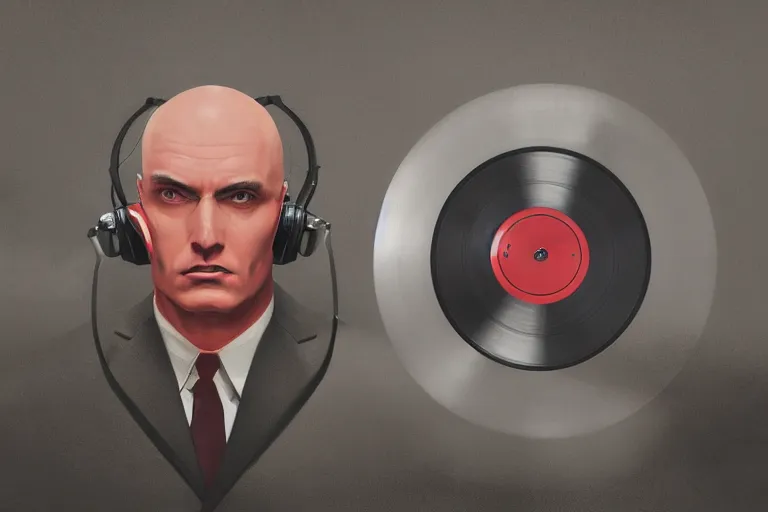 Image similar to a portrait of agent 4 7 from hitman wearing headphones and putting a vinyl record onto a turntable, dark background, red rim light, digital art, artstation, concept art by giger stalenhag