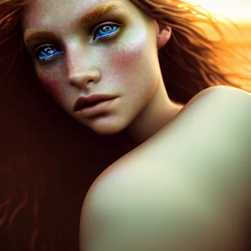 Image similar to photographic portrait of a stunningly beautiful siren female, in soft dreamy light at sunset, contemporary fashion shoot, by edward robert hughes, annie leibovitz and steve mccurry, david lazar, jimmy nelsson, extremely detailed, breathtaking, hyperrealistic, perfect face, octane render