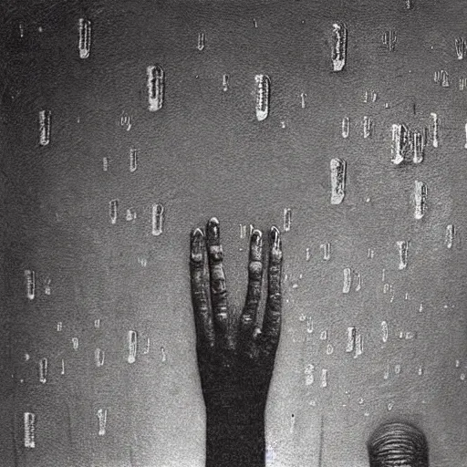 Image similar to “ alien with long fingers in a dark room full of smart devices floating, beksinski ”