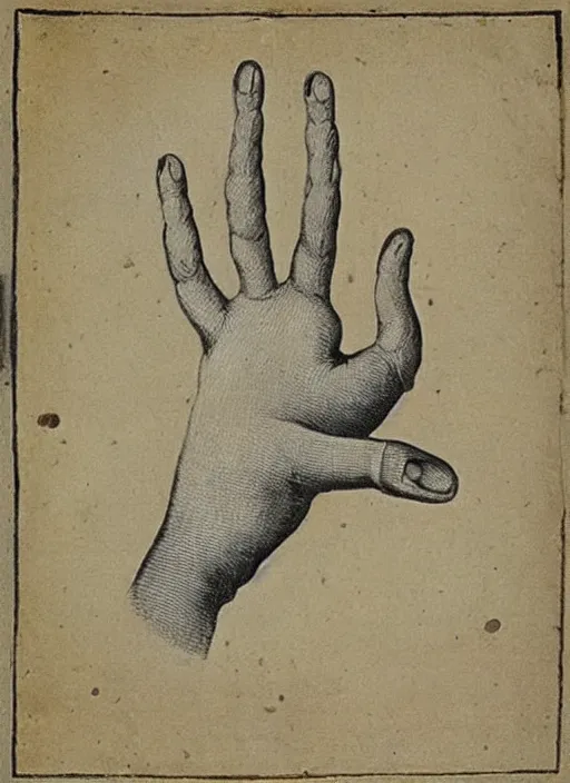 Prompt: “18th century scientific illustration of a hand with 6 fingers.”