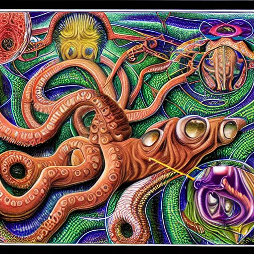 Image similar to strange bestiary of repressed unconscious cephalopod chimeras by Alex grey