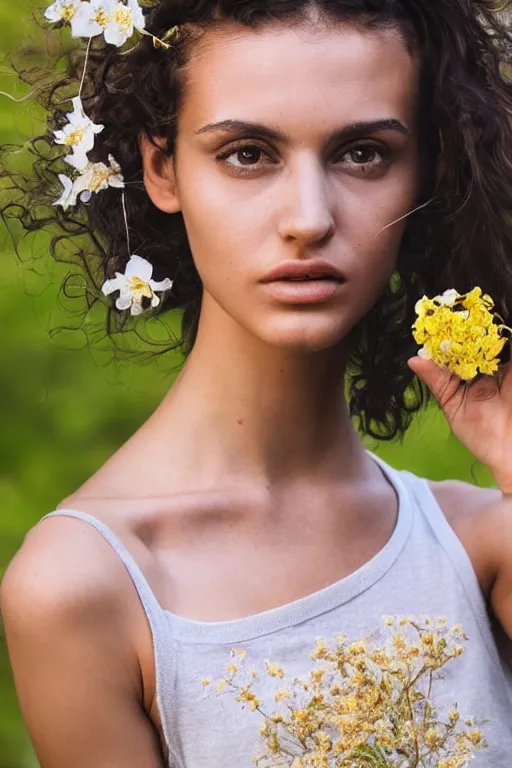 Image similar to photograph of an olive skinned female model in her twenties, her hair pinned up with flowers, wearing a designer top, looking content, focused on her neck, photo realistic, extreme detail skin, natural beauty, no filter, slr, golden hour, 8 k, high definition, selfie