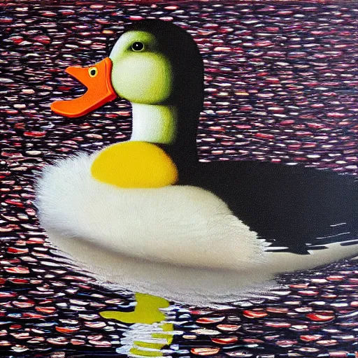 Prompt: a duck on the prowl oil painting vik muniz