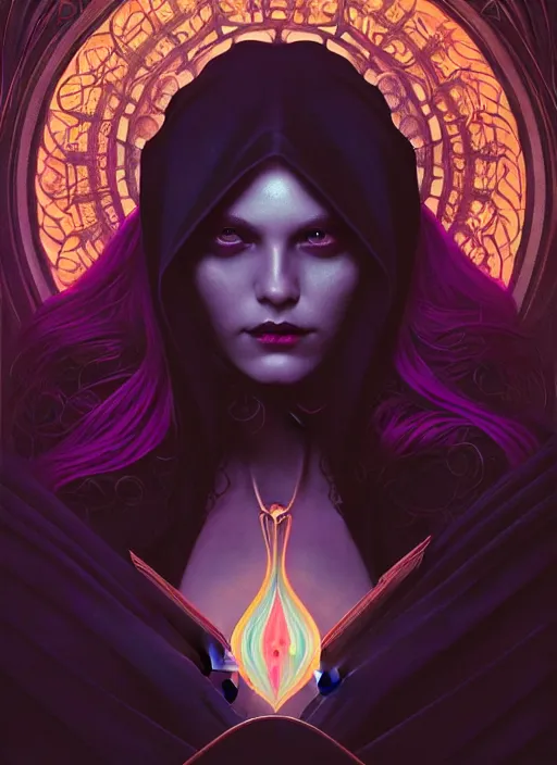 Image similar to book frontcover, side portrait, dark witch with black hood and evil eyes, realism, soft, smooth, luminescent, art nouveau tarot, backlit glow, colorful swirly ripples, gaudy colors, aesthetic octane render, unreal engine, 8 k, by artgerm, greg rutkowski, alphonse mucha