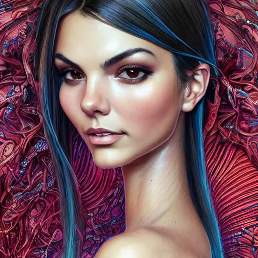 Image similar to the closeup portrait of an absurdly beautiful, graceful, cool, laid - back, streetfashionable victoria justice, an ultrafinehyperdetailed illustration by kim jung gi, irakli nadar, vania zouravliov, intricate linework, colors, smooth skin, hip features, unreal engine 5 highly rendered, global illumination, radiant light, detailed and intricate environment